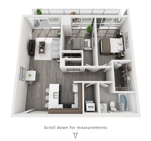 Floor plan for 2 beds, 1 bath, 895 sqft